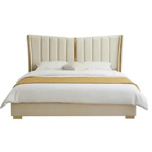 Tempat tidur kulit gaya minimalis, tempat tidur cahaya mewah modern lapisan pertama kulit sapi padat sederhana double 1.8m kulit