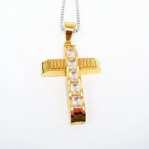 Ожерелье с подвеской-крестом для мужчин, цепь из нержавеющей стали с выложенными прозрачными драгоценными камнями, цвет золото, серебро