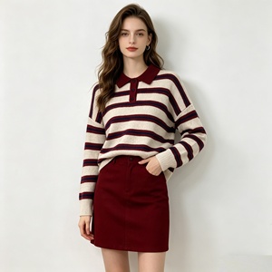 Women's Striped Polo Neck Sweater Wool Blend Casual Knit Pullover, Vintage <strong>Red</strong> Beige <strong>Jumper</strong>, Long Sleeve Loose Top for Winter - Product Image 3