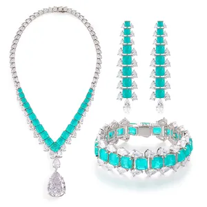 Conjunto de joyas de lujo con diamantes de imitación, Paraiba azul, collar, pendientes, pulsera, Circonia cúbica