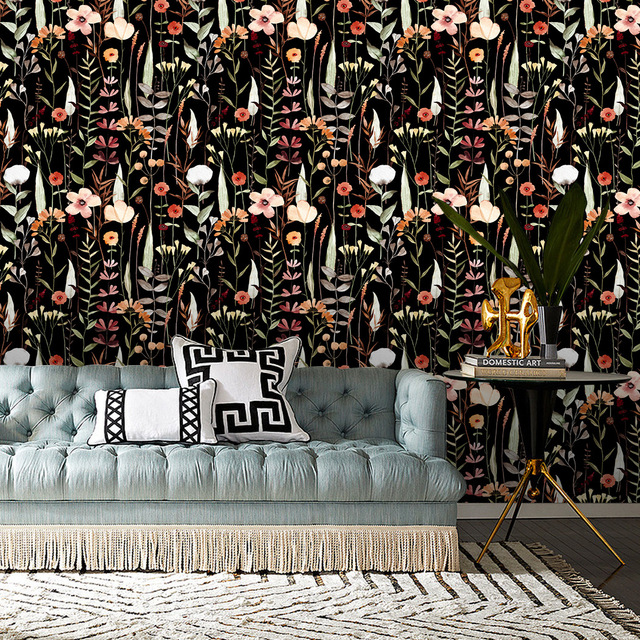 Black Floral Peel and Stick Wallpaper PVC Removable Wall Mural Dark Floral Design