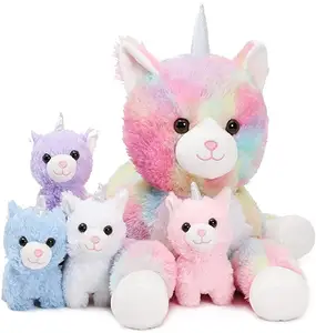 Custom Stuffed Mommy Unicorn Cat and 4 Baby Kitten Toy Set Funny 5 Pack Plush Unicorn Cat Stuffed Animal Gift for Girls Boys