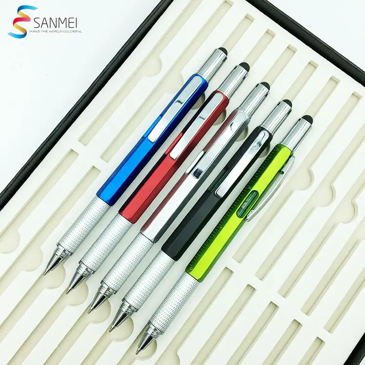 Low MOQ promotion item 6 in 1 plastic gradienter screw driver multi function tool pen with ruler touch stylus