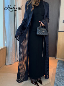 Hafizah Neue Marineblaue Vertikal Gestreifte Transparente Offene Abaya Langarm Lose Bescheidene Dubai Muslimische Damen Lange Kimono Strickjacke Großhandel - Product Image 1