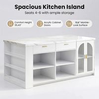 Îlot de cuisine moderne et spacieux avec rangement, table de salle à manger en marbre veiné avec tiroirs de rangement, armoire îlot fixe pour 4 à 6 personnes