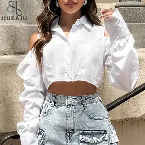 Sexy Trắng Tắt Các Vai Áo Sơ Mi Nữ Đường Phố Sang Trọng Dài Tay Áo Ve Áo Cotton Crop Top Nút up Áo