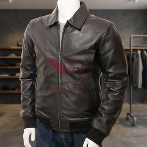 Nouveau blouson bombardier en cuir pour homme avec col de chemise en cuir de mouton véritable Napa côtelé aux poignets et à l'ourlet Amélioration de la chaleur Design - Product Image 3