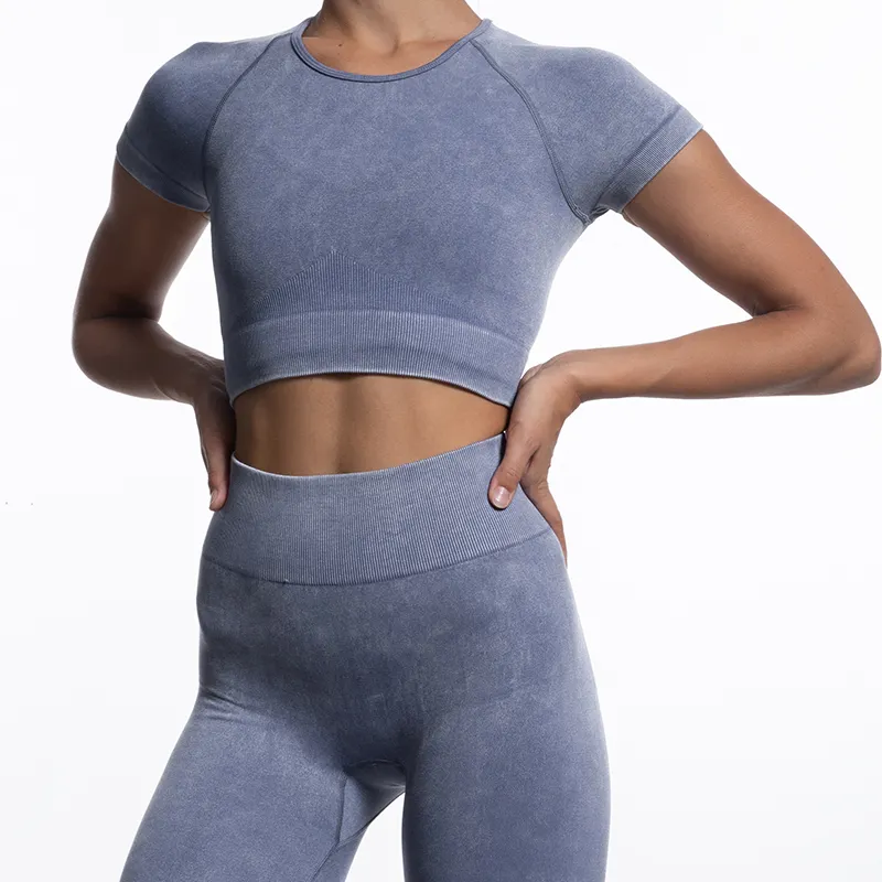 Ptsports 2022 Offre Spéciale sable lavage jeans usure fitness et yoga leggings à manches courtes automne mode gym ensemble