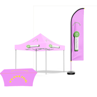 Ensembles de tentes pliantes, drapeaux plume et housses de table, taille ouverte 10x10FT, hauteur du drapeau 3.4M, housse de table 6FT, logos personnalisés, impression intégrale