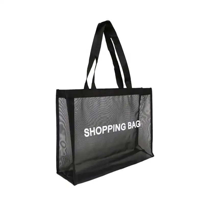 Alogogo tas belanja Nylon Mesh hitam dapat dipakai ulang grosir produsen kualitas tinggi dengan Logo cetak