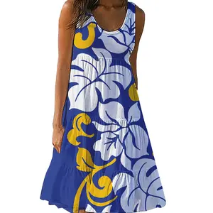 Drop Shipping Navy Blue Hawaii Tropical Print Casual Women Dress Polynesian monstera leaf Fashion Dress For Summer