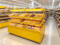 Comptoir d'exposition en bois multicouche jaune pour supermarché, idéal pour fruits secs, noix et bonbons