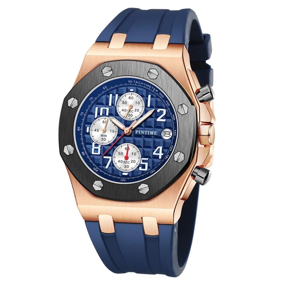 PINTIME PT7008 Orologio da Uomo al Quarzo dal Design Futuristico con  Cinturino Vintage in Gomma Impermeabile a Quadranti e Datario per Uso