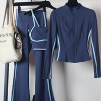 Ensemble de sport 3 pièces pour femme : veste zippée, soutien-gorge de sport et leggings évasés taille haute avec bordure contrastante – Tenue de yoga et d'entraînement