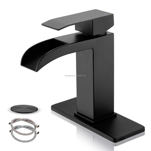 Robinet de lavabo cascade moderne noir mat en laiton, monocommande avec cartouche céramique et siphon de vidange, <span class=keywords><strong>kit</strong></span> complet - Product Image 4