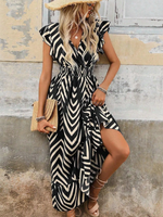 Robe longue décontractée grande taille à imprimé chevron, manches flottantes, col en V avec taille froncée, ourlet à volants, robe d'été en mousseline de soie