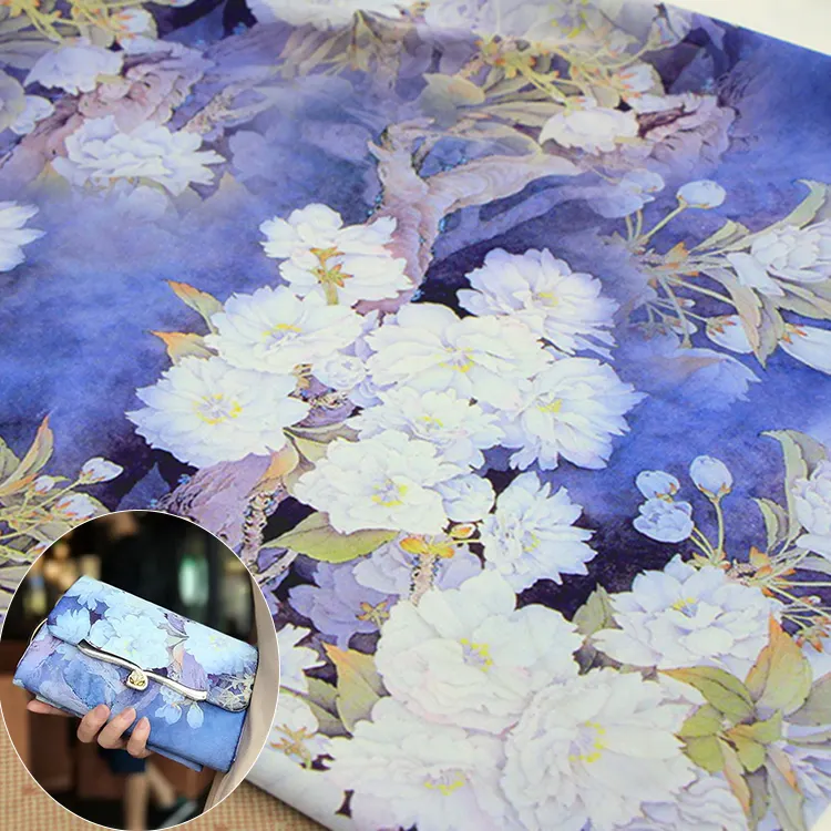 Chinese wind cherry blossom pattern printing imitation xiangyun yarn handmade DIY bag fabric high-quality fashion dress fabric