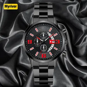 Myriver jam tangan kuarsa untuk pria, arloji bisnis minimalis tali jaring bagus tahan air dengan tampilan tanggal, jam tangan warna hitam untuk pria