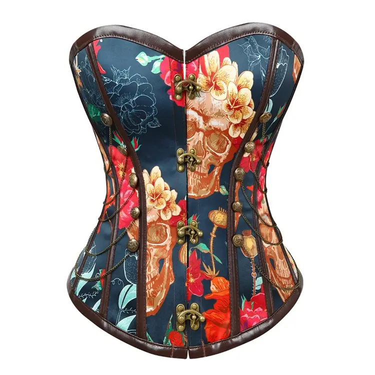 Gothic Lace Up Back Women Overbust Bustier Corset Floral Print Strapless Vintage Sexy Fashion Corset