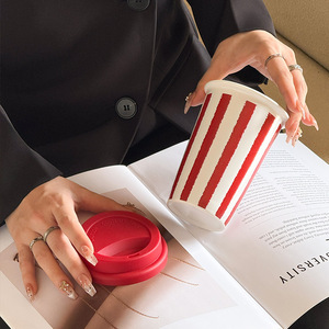 <b>Cute</b> Heart Printet Coffee Cup Striped Ceramic Travel <b>Mug</b> with Silicone Lid - Product Image 5