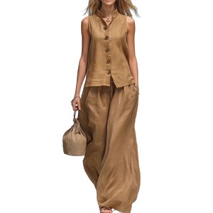 Ensemble décontracté pour femmes, gilet et pantalon à col en v, couleur unie marron, Sml1xl2xl, Europe, Amérique, Asie du Sud-Est, commerce électronique transfrontalier - Product Image 5