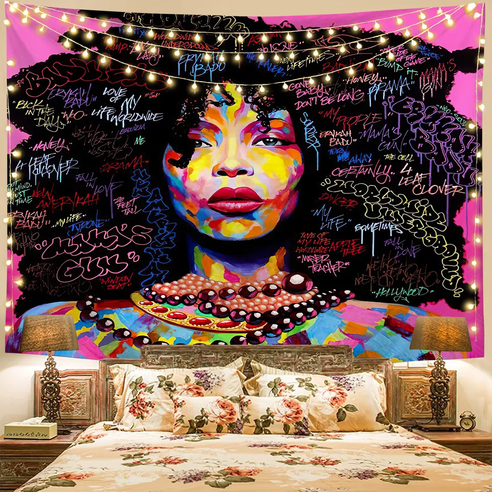 HOTNIU Lukisan Dinding Gadis Afrika Poliester 100% Rumah Asrama Ruang Tamu Kamar Tidur