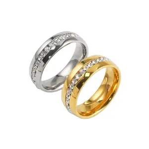 OUMI Titanium 7mm 18K Gold Plated Stainless Steel Wedding Ring Jewelry with Channel Set CZ Finger Ring For Couple