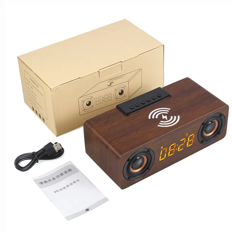 Bt5.0 Mini Xách Tay Stereo Gỗ Loa Woofer Đồng Hồ Báo Thức 2 Trong 1 Sạc Không Dây Loa