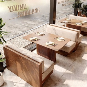 ชุดโต๊ะและเก้าอี้รับประทานอาหารสำหรับร้านอาหารเชิงพาณิชย์ โครงไม้เนื้อแข็ง ฐานลายร่อง เก้าอี้หุ้มผ้าบุคล วัสดุสไตล์วบิซาบิ เฟอร์นิเจอร์ร้านกาแฟ - Product Image 5