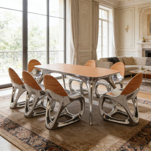 Set da Pranzo Moderno con Tavolo Elegante in Legno e Base in Metallo Argento per Ville e Appartamenti di Lusso - Product Image 3