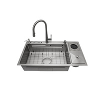 Évier de cuisine moderne en acier inoxydable 304 fait à la main, à cuve unique, avec effet cascade et texture pierre, et support de rangement pour vaisselle, OEM