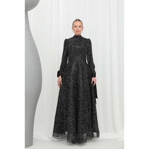 Vestido de Noche Largo Brillante con Textura para Mujer, Marca Puane, con Corte Drapeado y Cinturón, Elegante Vestido Formal Negro - Product Image 2