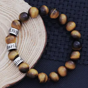 Nuovi gioielli con incisione personalizzata Logo in acciaio inossidabile Charm bracciale con perline in pietra naturale coppia bracciale in pietra occhio di tigre per uomo donna