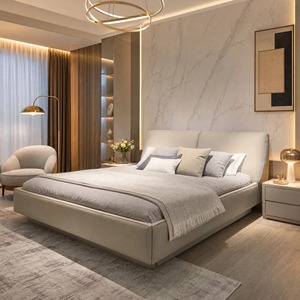 Modern Genuine Leather Upholstered <b>Bed</b> with Wing Headboard and Raised Edge <b>Platform</b> <b>Base</b> for Home Hotel Bedroom - Product Image 1