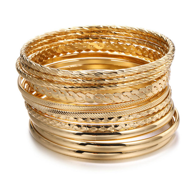 Wholesale Cambodian Bride Stacking Gold Plated Bangles Jewelry Bohemian 12pcs/set Multilayer Thin Bracelets Bangles for Women
