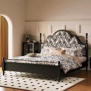 <span class=keywords><strong>Letto</strong></span> <span class=keywords><strong>Matrimoniale</strong></span> Retrò Francese in Stile Europeo, Nero, in Legno Massello, Imbottito in <span class=keywords><strong>Tessuto</strong></span>, Minimalista, Stile Metà Secolo - Product Image 2