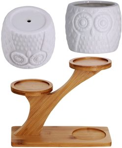 Owl Succulent Pots with 3 Tier Bamboo Saucers Stand Holder - White Modern Decorative Ceramic Flower <strong>Planter</strong> Plant Pot with <strong>Drain</strong> - Product Image 4