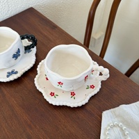 Ensemble de tasses à café en céramique avec poignée en perles faites à la main, soucoupe irrégulière, 280 ml, écologique, durable, en porcelaine, pour le thé de l'après-midi, mug à lait