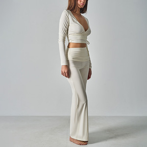 SUHE Top de Yoga de Manga Larga de Modal de Alta Densidad con Tirantes y Pantalones Holgados de Cintura Alta, Suaves al Tacto, Rosa/Blanco Hueso/Negro - Product Image 5