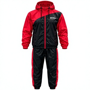 Ensemble de survêtement coupe-vent à capuche rouge et noir pour homme, veste légère à fermeture éclair intégrale et pantalon de jogging, vêtements de sport d'extérieur - Product Image 1