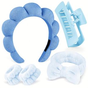 Ensemble de bandeaux torsadés en éponge haute densité avec bracelet pour le lavage du visage, le maquillage, le spa, les mariages et comme cadeau pour demoiselles d'honneur - Product Image 1