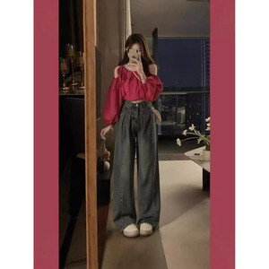 Conjunto de Dos Piezas para Mujer, Estilo Coreano, Primavera-Otoño 2025, Camisa de Manga Larga con Hombros Descubiertos y Jeans Azules Plisados de Pierna Ancha - Product Image 3