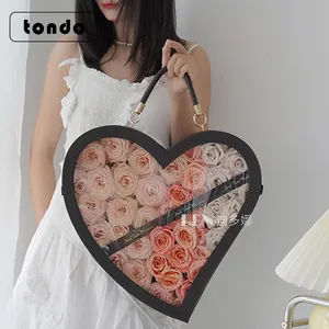 Tondo-Caja con tapa de corazón de amor para San Valentín, Rosa transparente, regalo, caja de flores sorpresa con mango, 2023