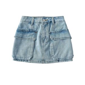 Denim <strong>Skirt</strong> Vintage Big Pockets A-line High Waist <strong>Wrap</strong> Hips Cargo Mini <strong>Skirts</strong> - Product Image 1