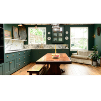 Set Kabinet Dapur Modular Putih Modern dengan Kitchen Island, Wastafel, Kabinet Atas Berpintu Kaca, Material Marmer & Kayu