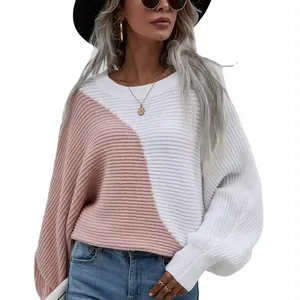 새로운 스타일의 배트 슬리브 컬러 차단 풀오버 여성용 스웨터 크루 넥 캐주얼 느슨한 풀오버 여성용