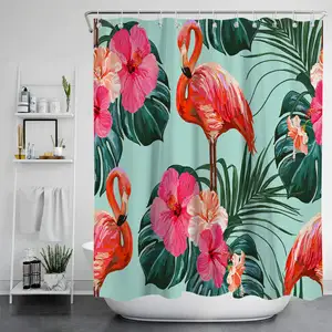 Cortinas de baño de tela impermeable, cortina de ducha con estampado 3D de flamencos, pájaros y plantas