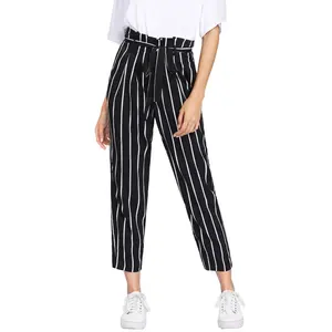 Customize New Fashion Women Self Belt Stripes Breathable High Waist Stripes Cropped Pants