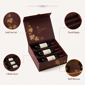 Scatola Espositiva Personalizzata per Vino a 3 Livelli, Confezione Rigida Rossa per 3 Bottiglie con Lamina Dorata - Product Image 3