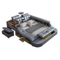 Modernes, schlichtes Leder-Doppelbett mit intelligenter Multifunktionsmassage, Projektor und Stauraum – Hotel-Sex-Queen-Bett